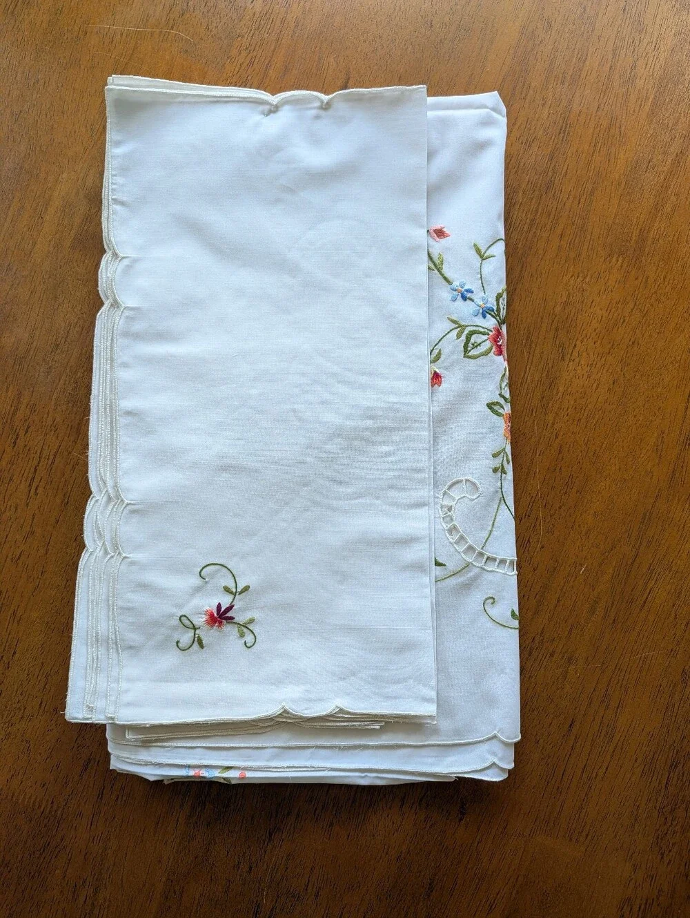 VTG Embroidered Floral Tablecloth - White Pink Green 8 Napkins Eyelet Grandma